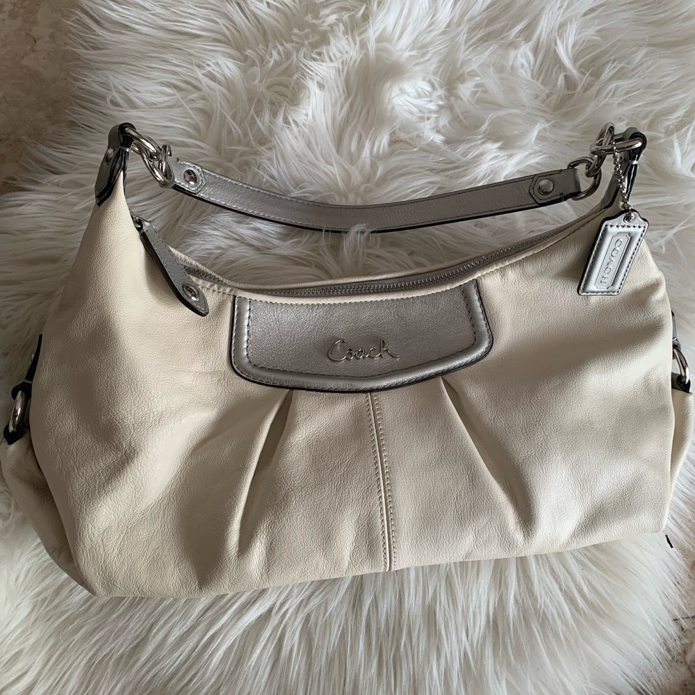 Coach Cream Leather Shoulder Bag with Silver Accents